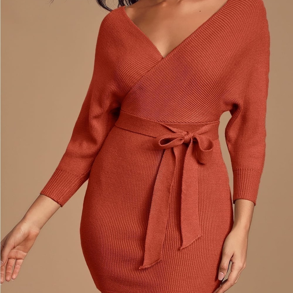 LULU’S Modena Rust Brown Dolman Sleeve Bodycon Sweater Dress